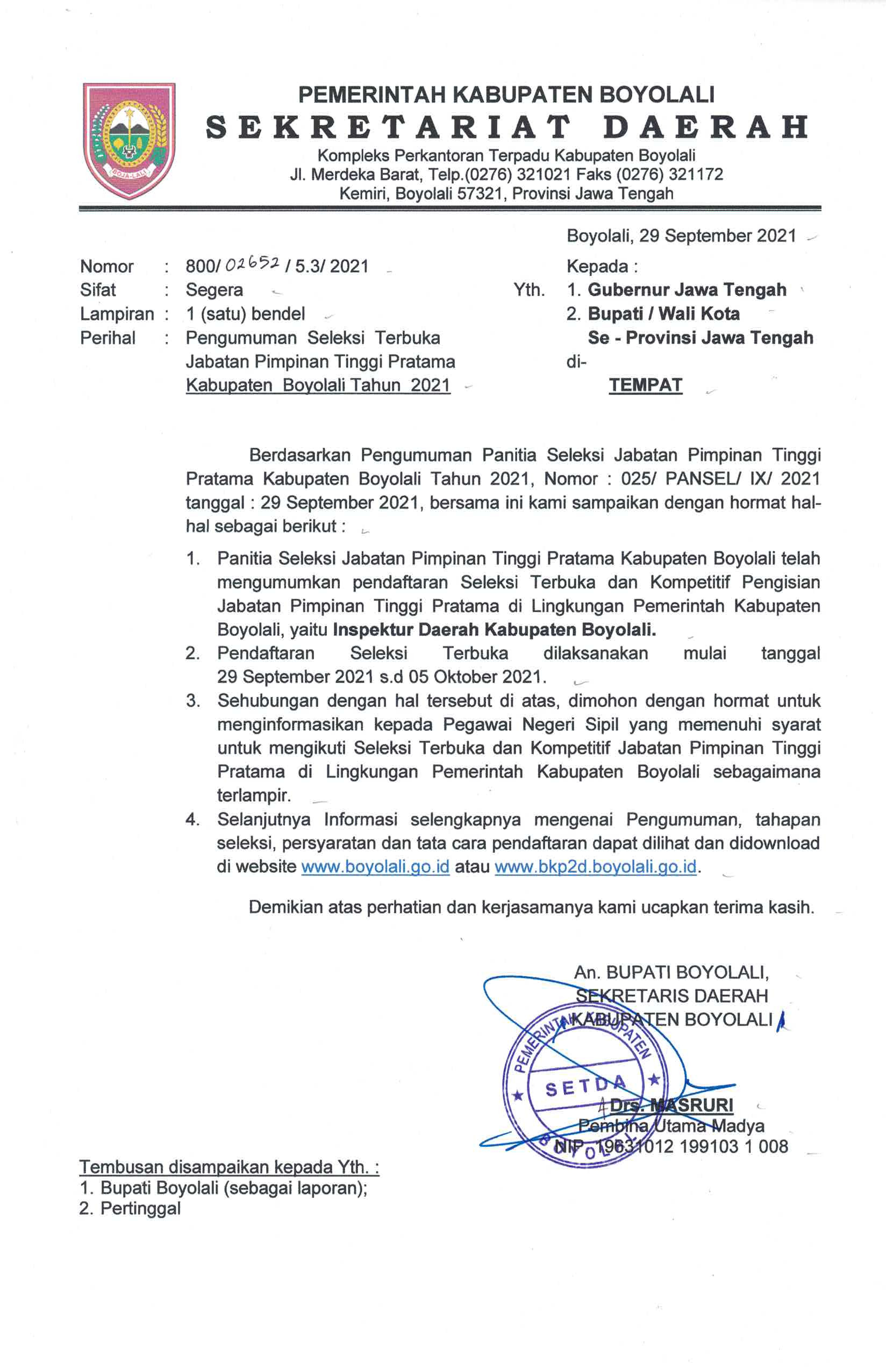 Pengumuman Seleksi Terbuka JPT Pratama Inspektur Daerah Kabupaten Boyolali Tahun 2021